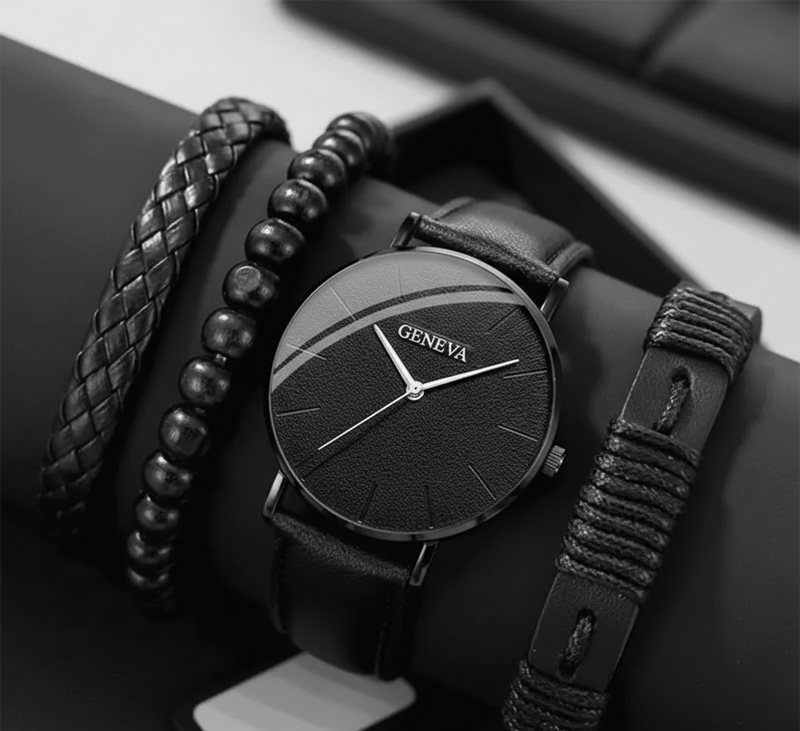 Relógio Genebra Quartzo Preto + 3 Pulseiras Couro